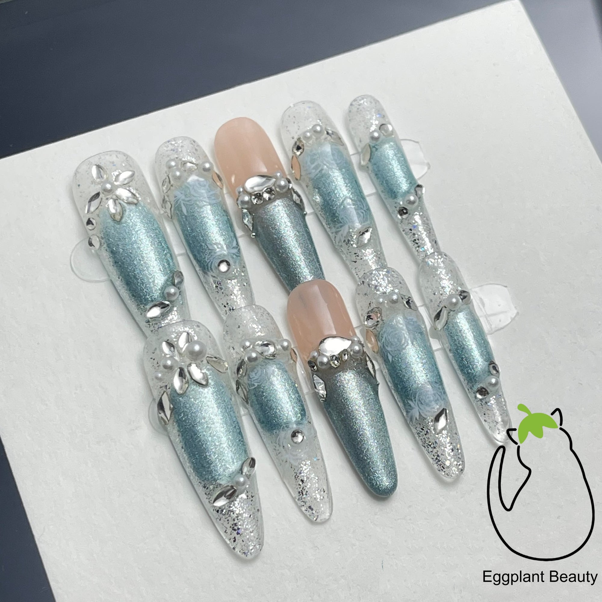 EPBeauty "Celestial Veil" Long Couture Cat Eye Press On Nails | Hand-Encrusted Ice Diamond Florals