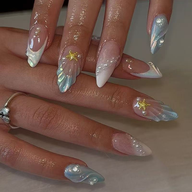 EPBeauty Mermaid Press On Nails Medium Length - 3D Pearl Shell & Star Design, Glow in Dark (24Pcs)