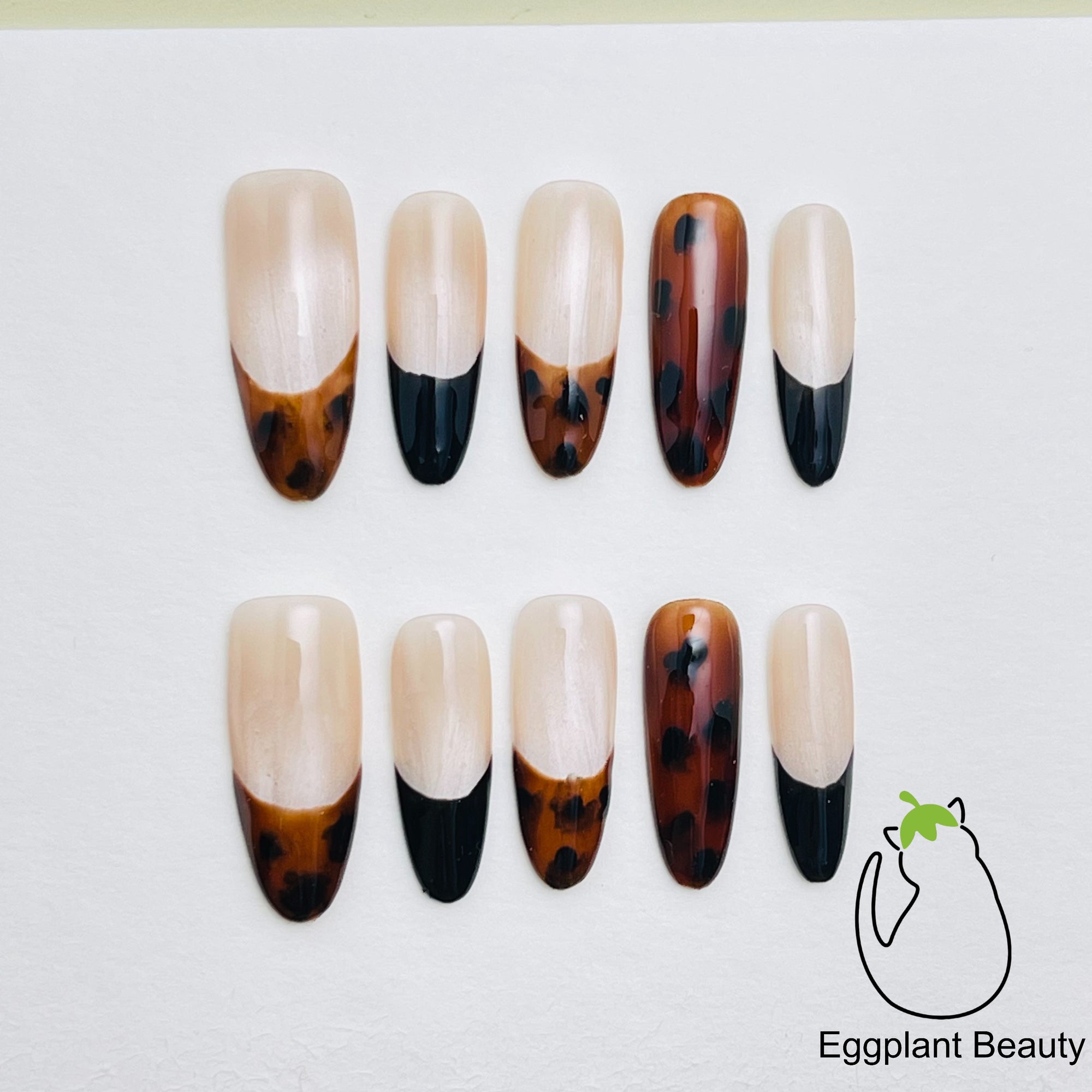 Leopard Print French Tip Press On Nails - Sultry Smoky Ombre & Magnetic Cat Eye (10Pcs)