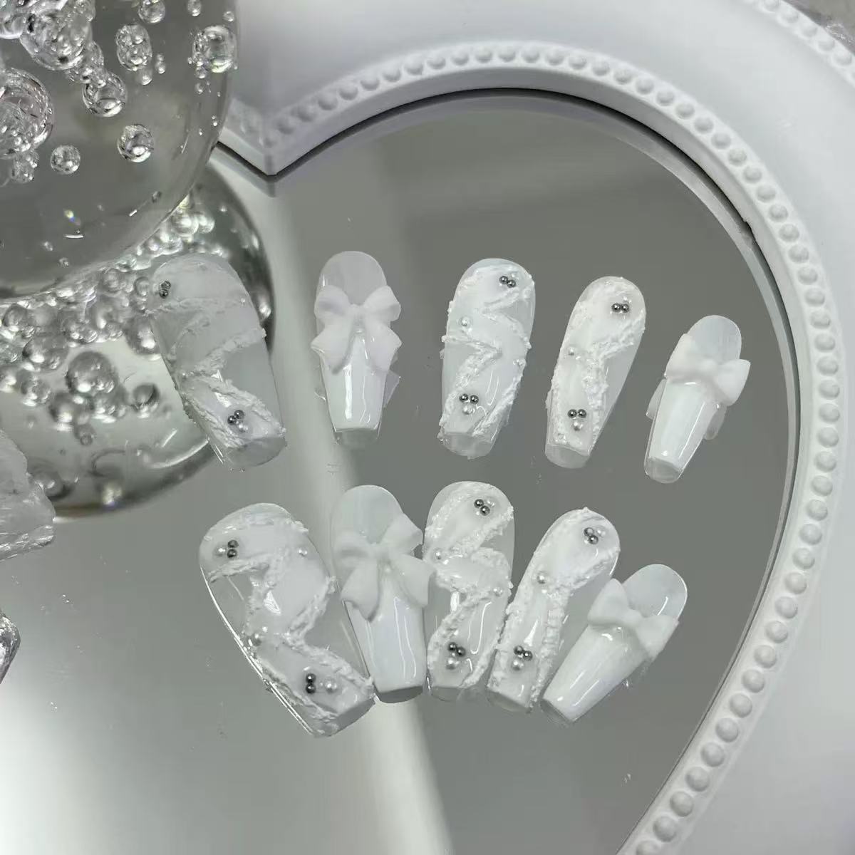 EPBeauty Handcrafted Press On Nails - Sculpted White Ribbon & Bow Design | Medium (20-26mm) Luxe Gel Fake Nails with Relief Art