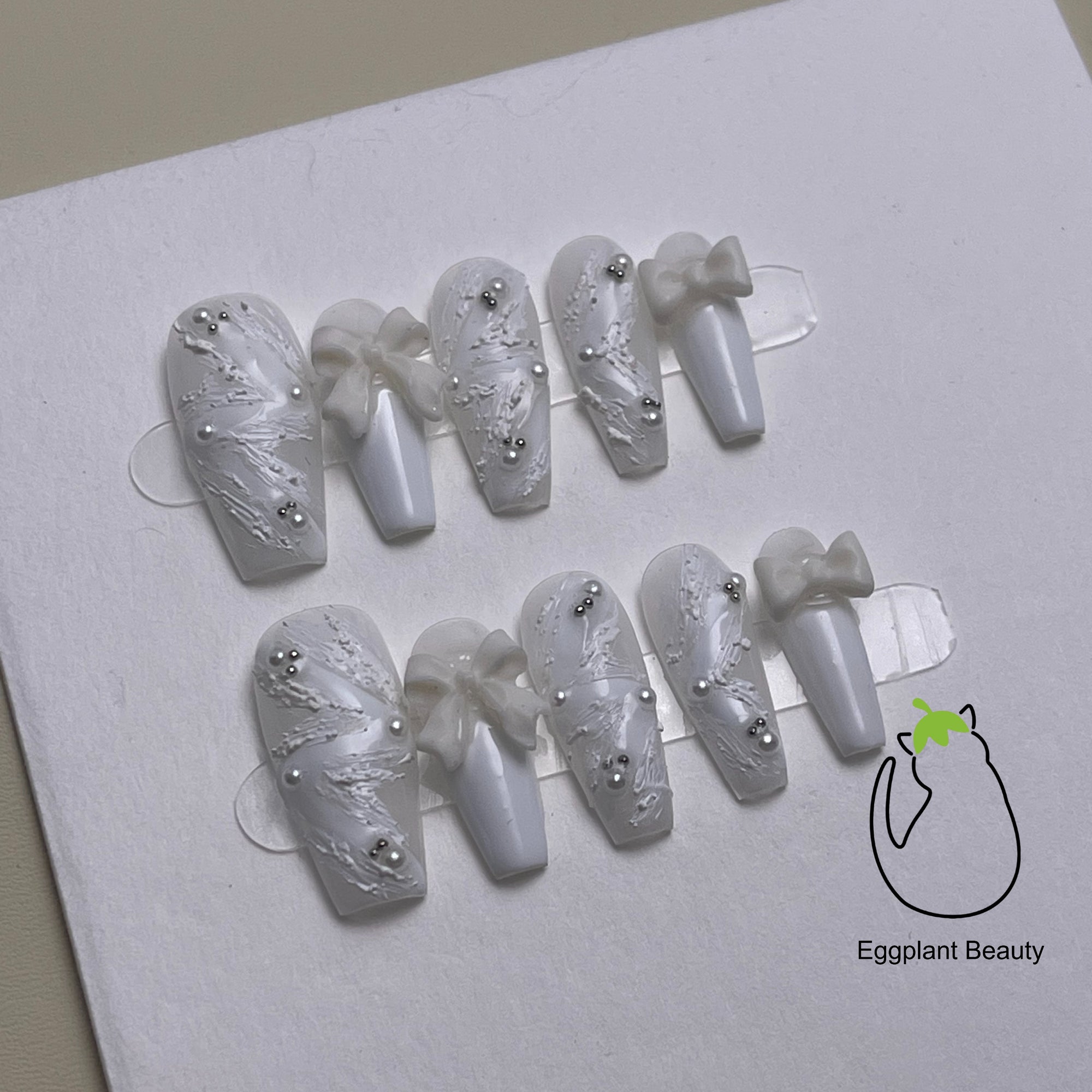 EPBeauty Handcrafted Press On Nails - Sculpted White Ribbon & Bow Design | Medium (20-26mm) Luxe Gel Fake Nails with Relief Art