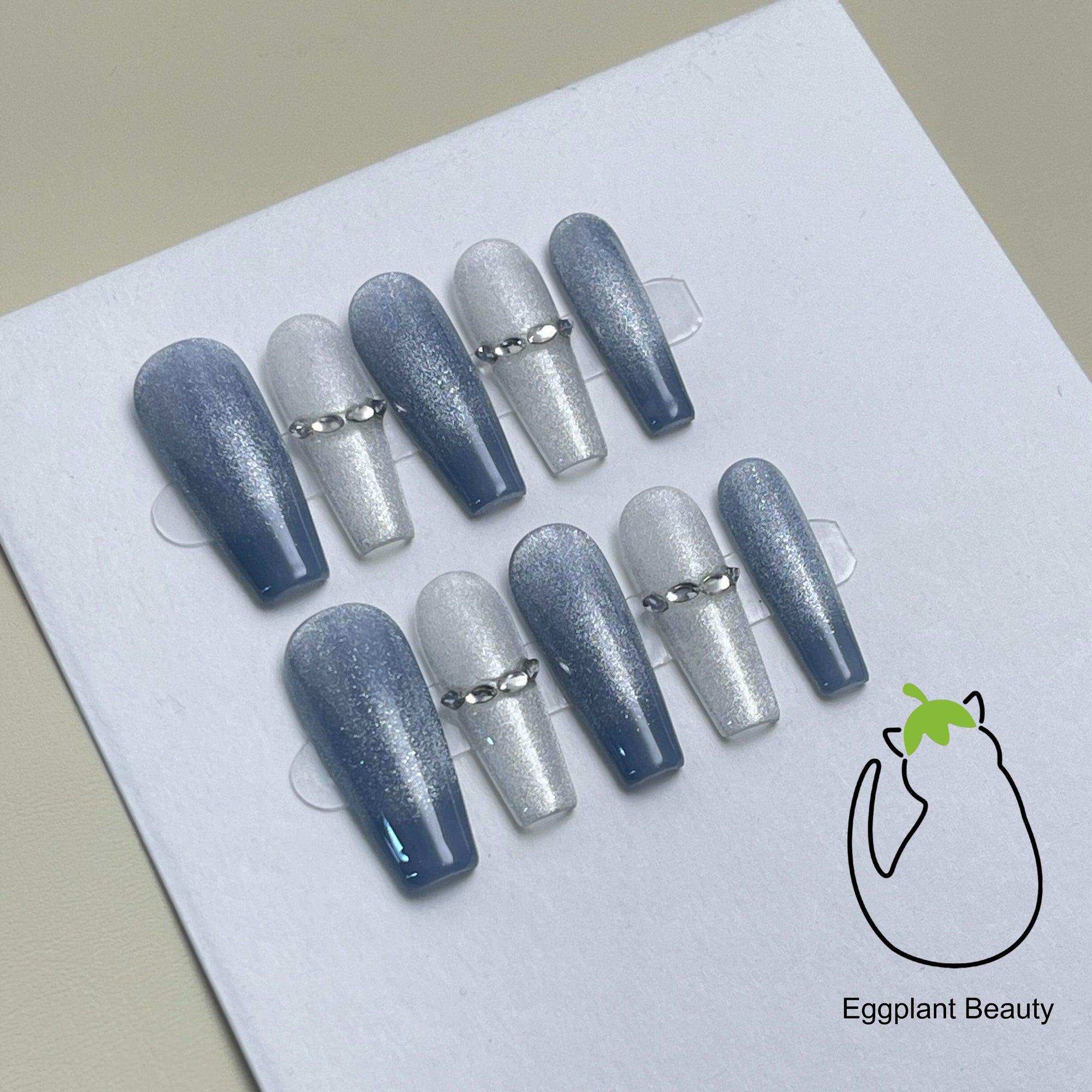 EPBeauty Long Press On Nails - Handcrafted Glacier Crystal Blue | Luxe Cat Eye Holographic Detachable Fake Nails Set