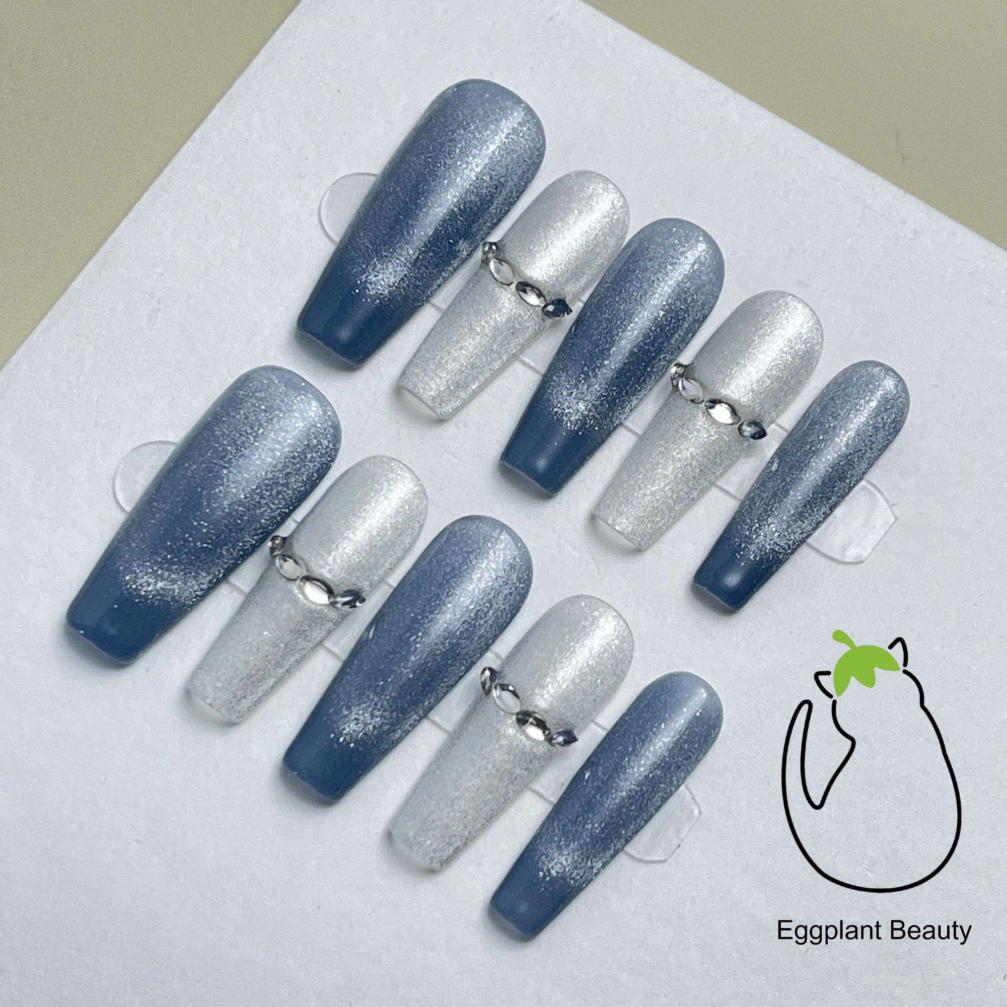 EPBeauty Long Press On Nails - Handcrafted Glacier Crystal Blue | Luxe Cat Eye Holographic Detachable Fake Nails Set