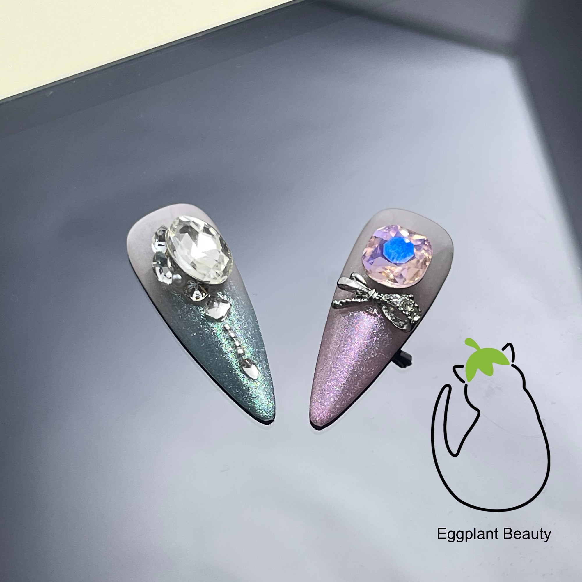 EPBeauty Couture Jade Floral Press On Nails | Artisan Holographic Cat Eye Nails with Luxe Embossed Gold