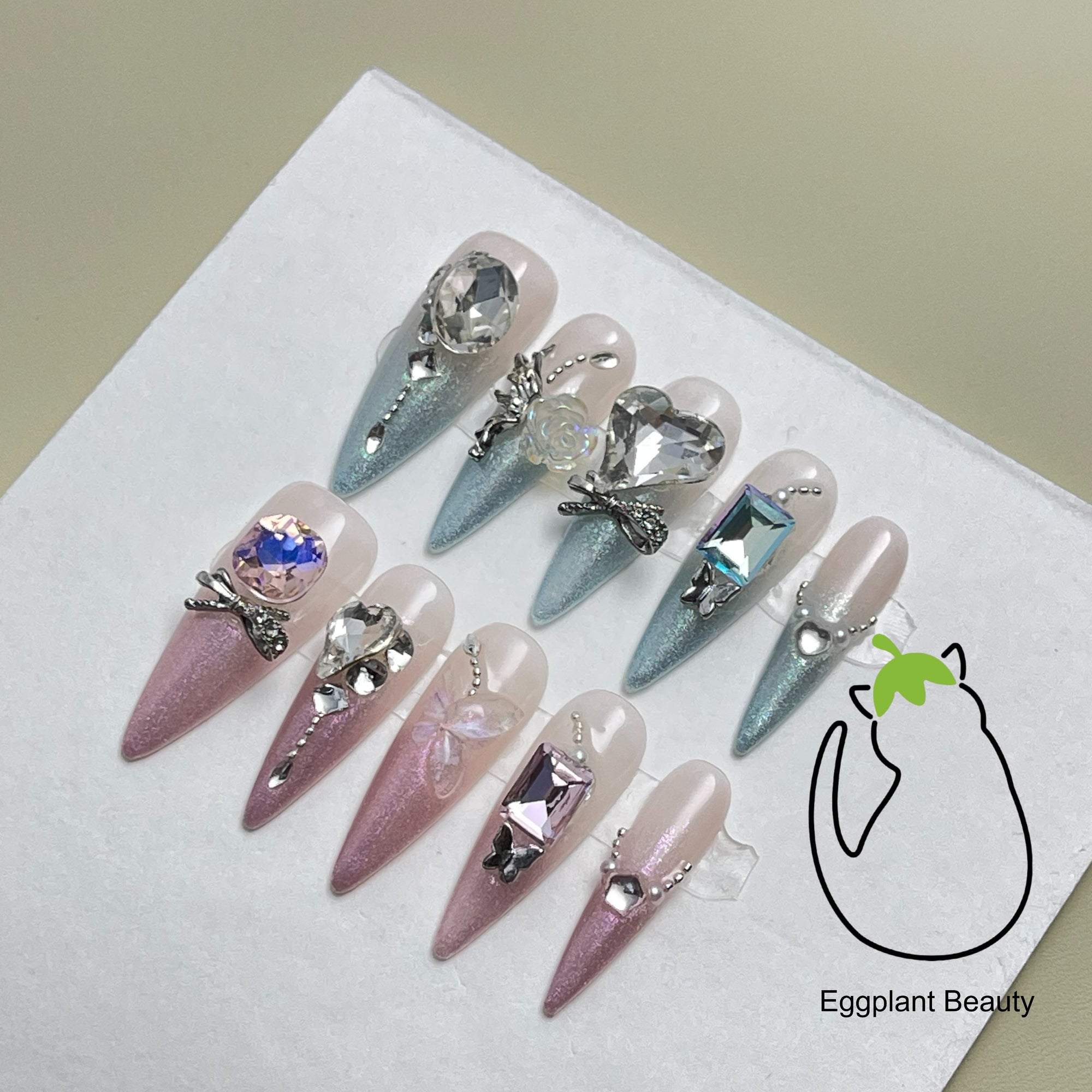 EPBeauty Couture Jade Floral Press On Nails | Artisan Holographic Cat Eye Nails with Luxe Embossed Gold