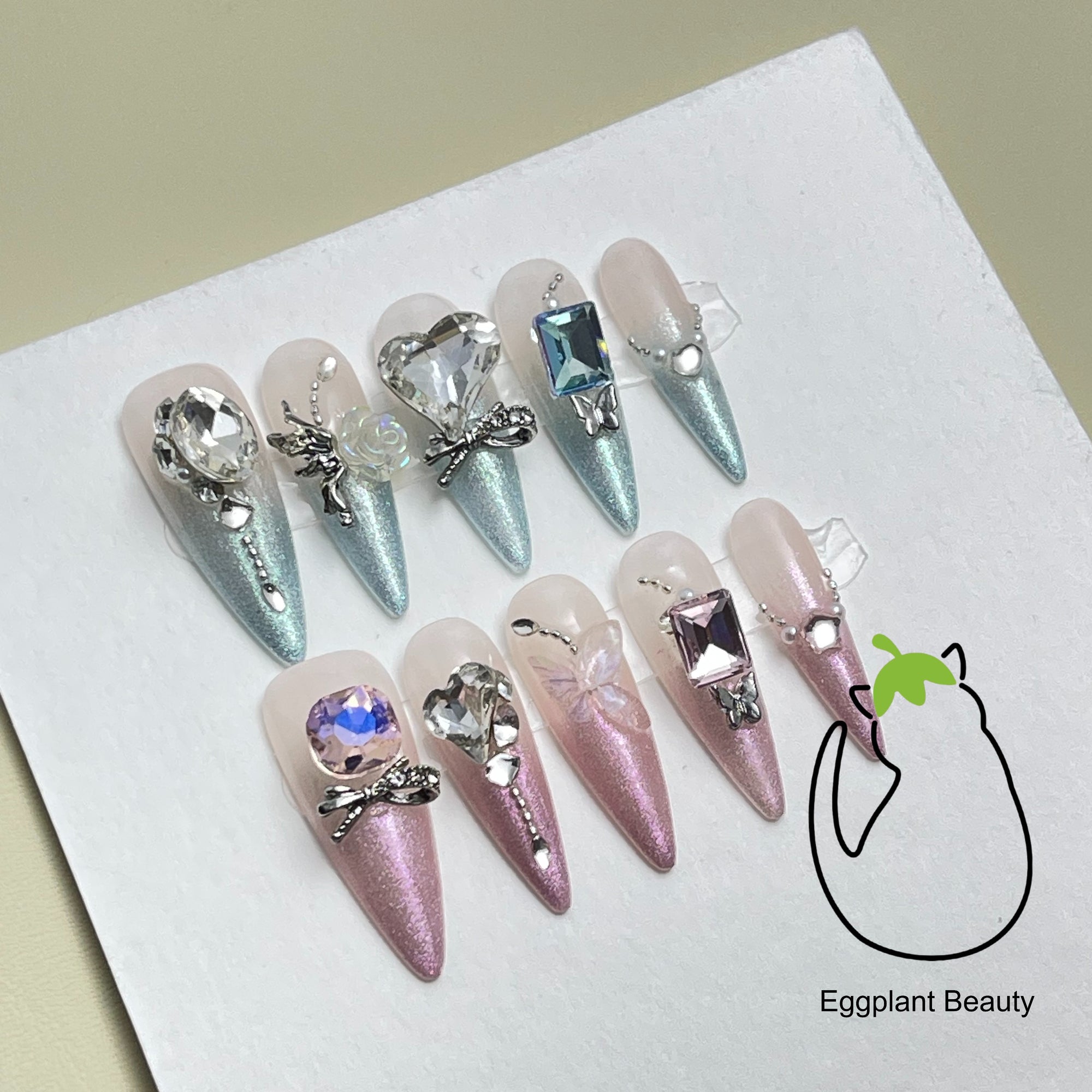 EPBeauty Couture Jade Floral Press On Nails | Artisan Holographic Cat Eye Nails with Luxe Embossed Gold