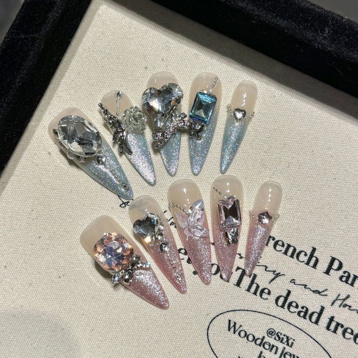 EPBeauty Couture Jade Floral Press On Nails | Artisan Holographic Cat Eye Nails with Luxe Embossed Gold