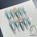 EPBeauty "Celestial Veil" Long Couture Cat Eye Press On Nails | Hand-Encrusted Ice Diamond Florals