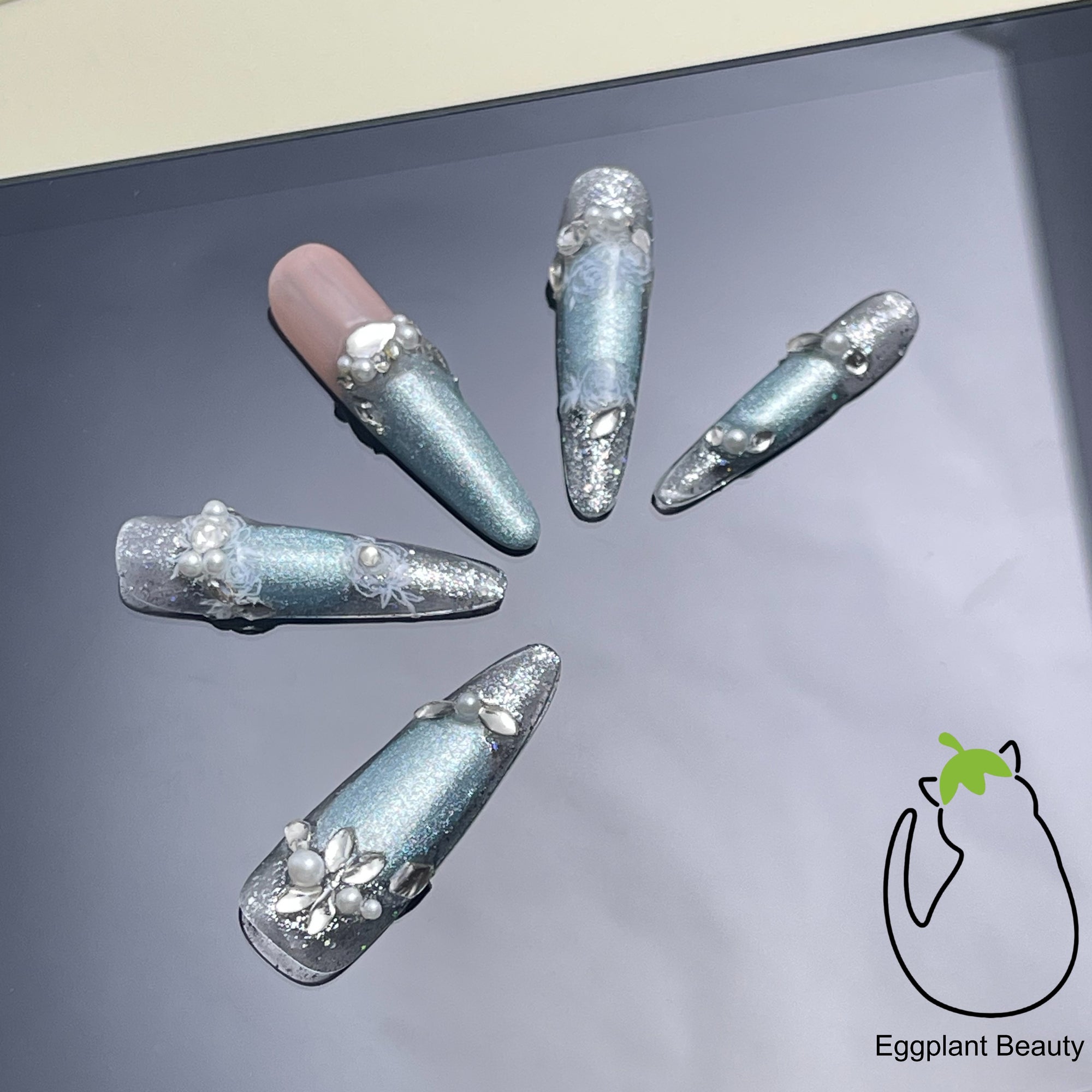 EPBeauty "Celestial Veil" Long Couture Cat Eye Press On Nails | Hand-Encrusted Ice Diamond Florals