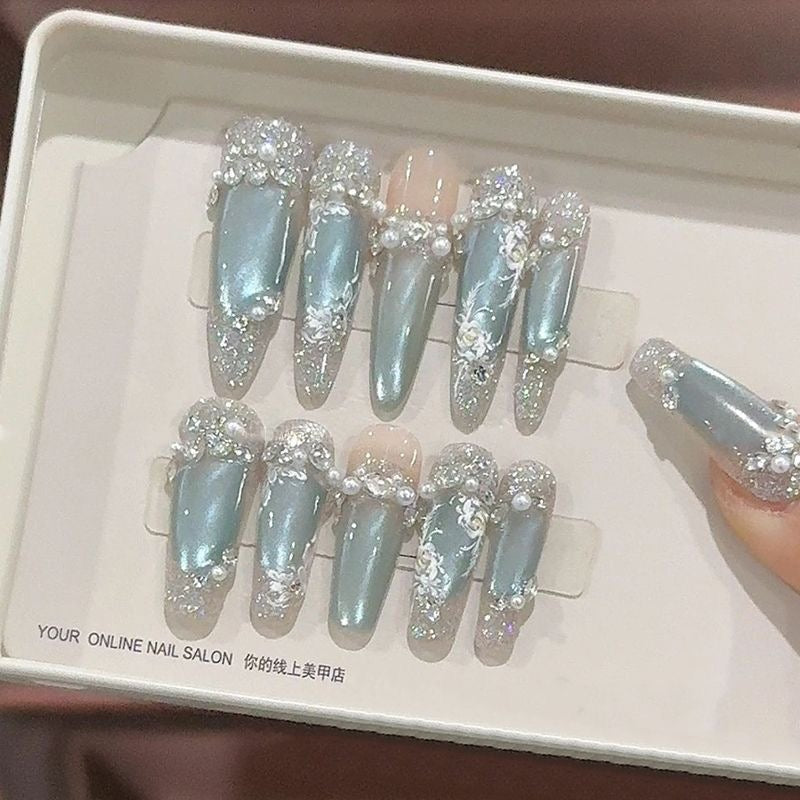 EPBeauty "Celestial Veil" Long Couture Cat Eye Press On Nails | Hand-Encrusted Ice Diamond Florals