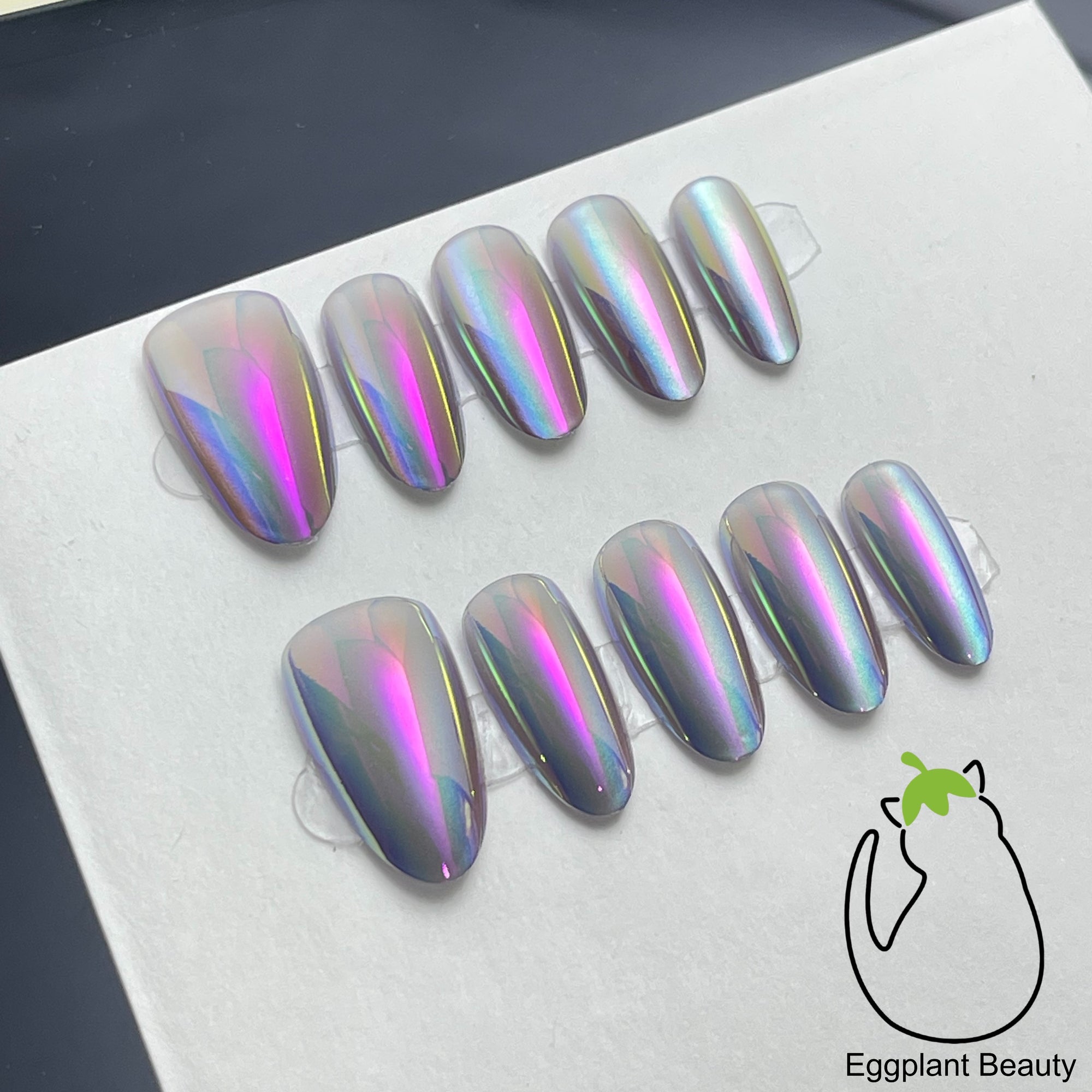 EPBeauty Medium-Long Almond Cat Eye Press On Nails | Hypnotic Chroma Aurora Electroplated Effects