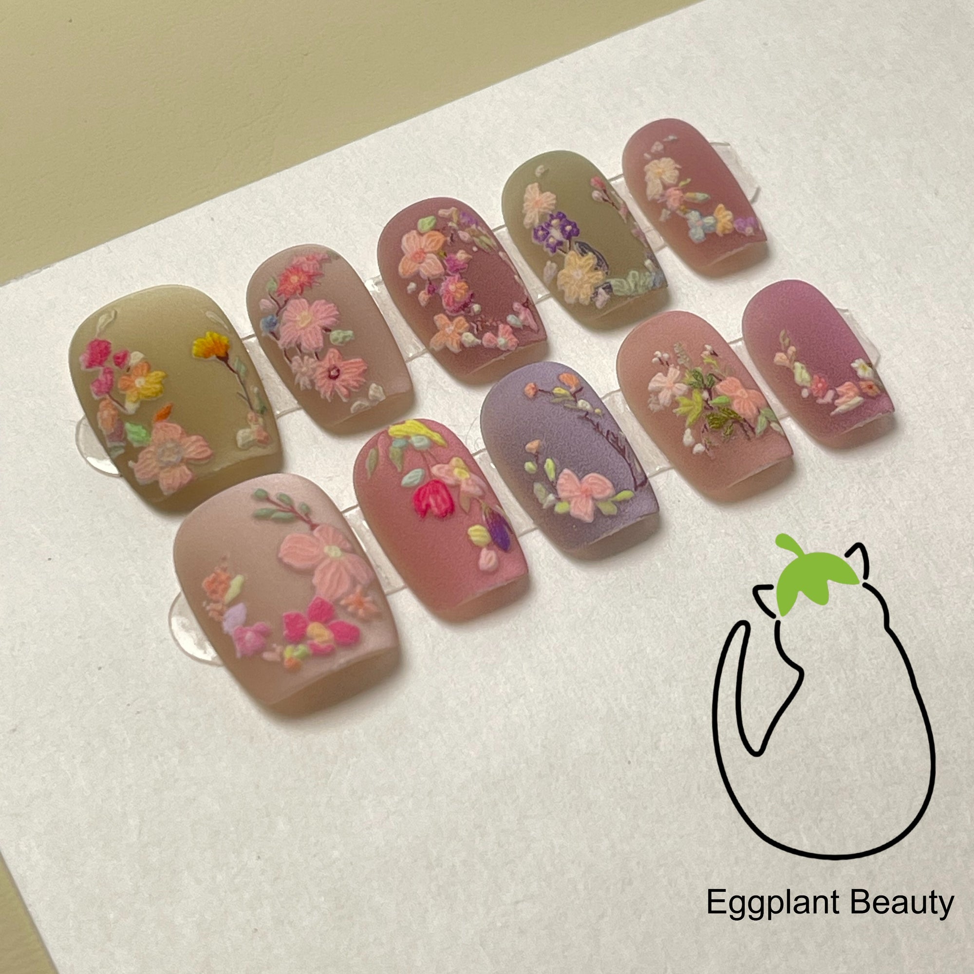 EPBeauty Luxury Ultra-Short Tapered Press On Nails | 3D Sculpted Blooms on Velvet Matte