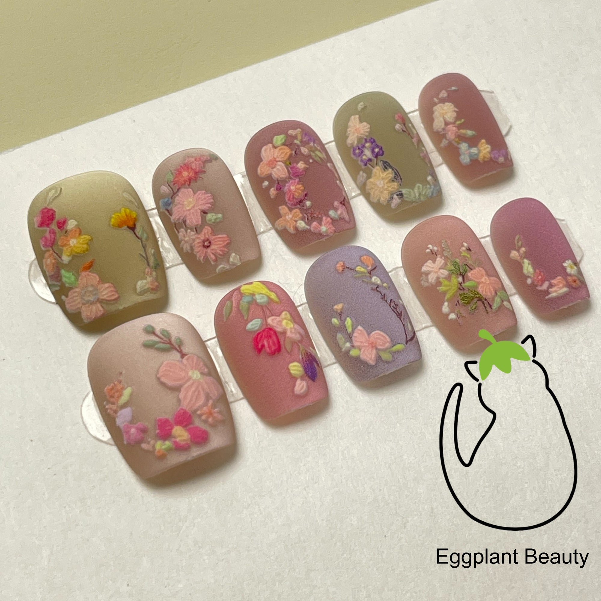 EPBeauty Luxury Ultra-Short Tapered Press On Nails | 3D Sculpted Blooms on Velvet Matte