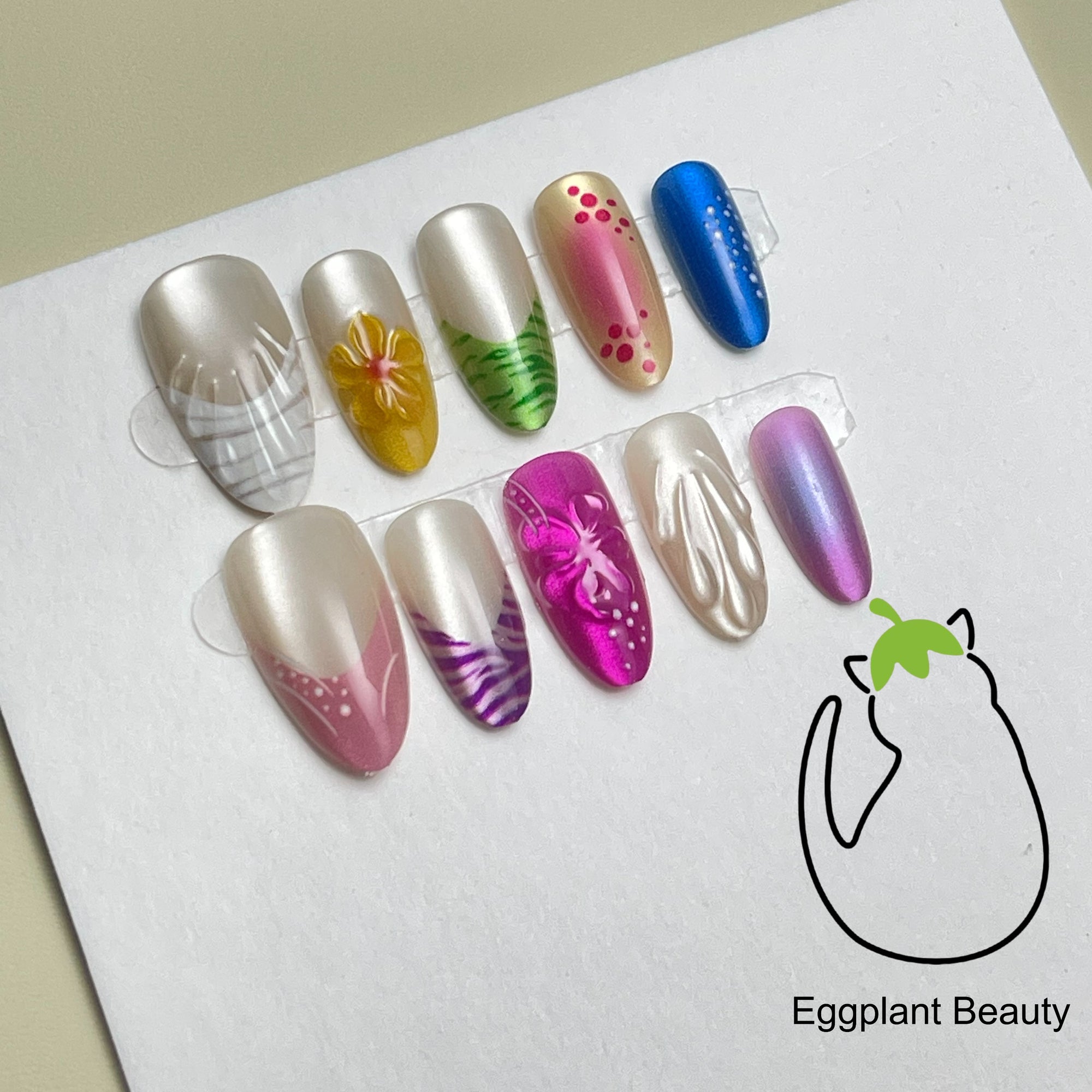 EPBeauty Colorful 3D Shell Press On Nails - Dopamine Nail Art Designs with Pearl & Glitter