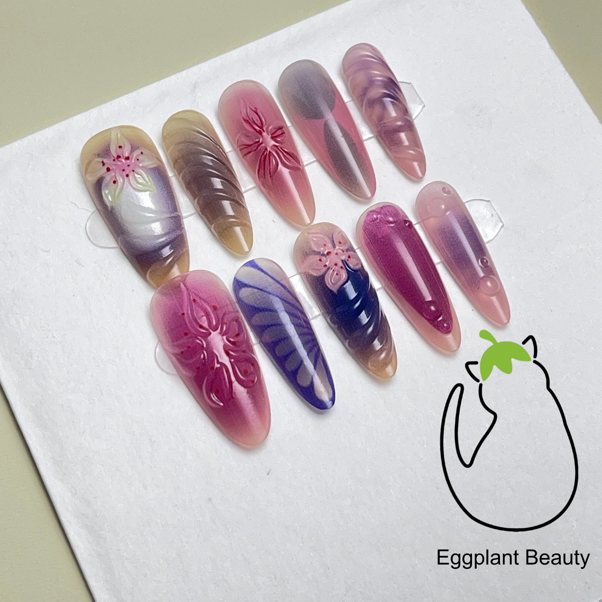 EPBeauty Almond Press On Nails Medium Length - Floral 3D Design with Pearl Glitter, Ethereal Jelly Nude