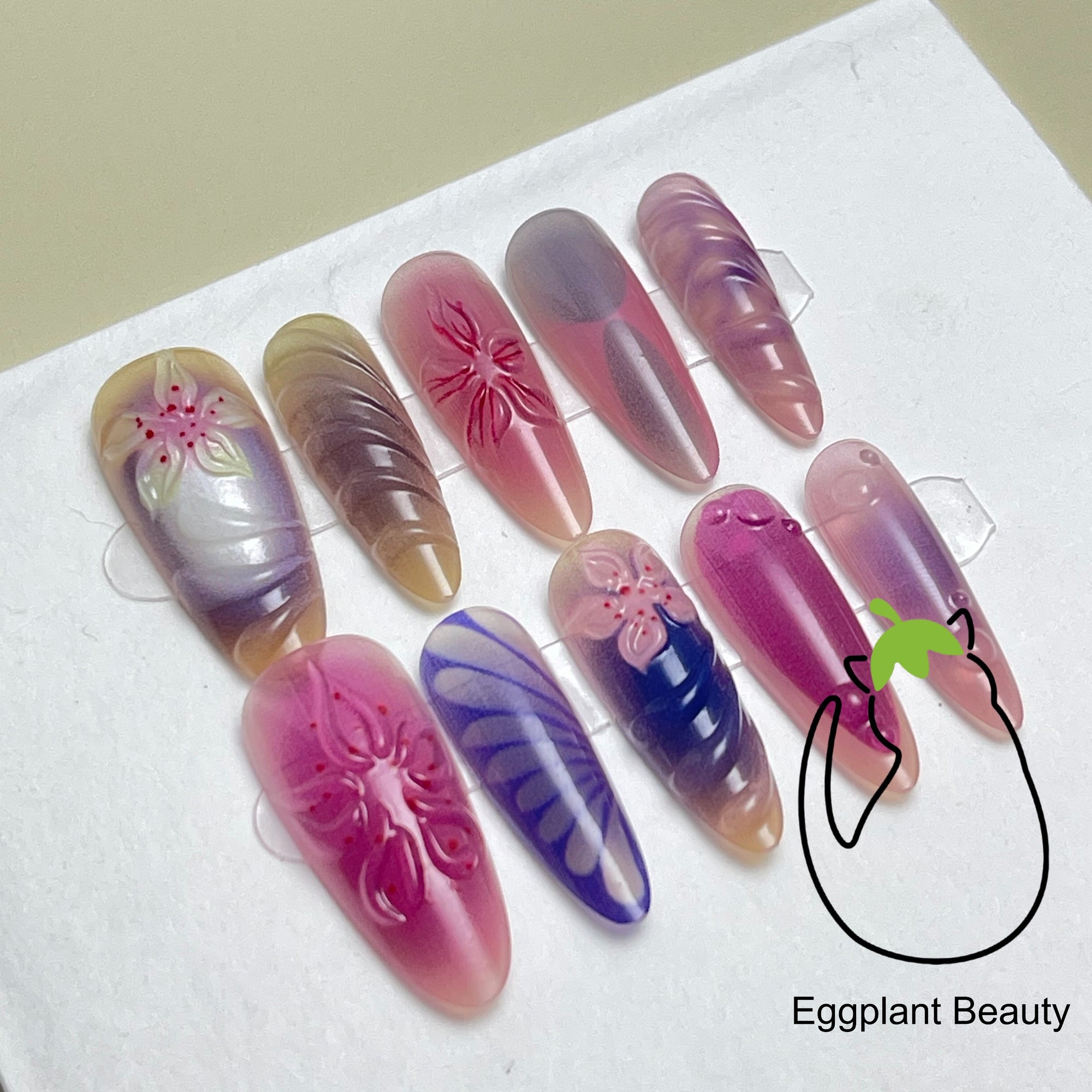 EPBeauty Almond Press On Nails Medium Length - Floral 3D Design with Pearl Glitter, Ethereal Jelly Nude