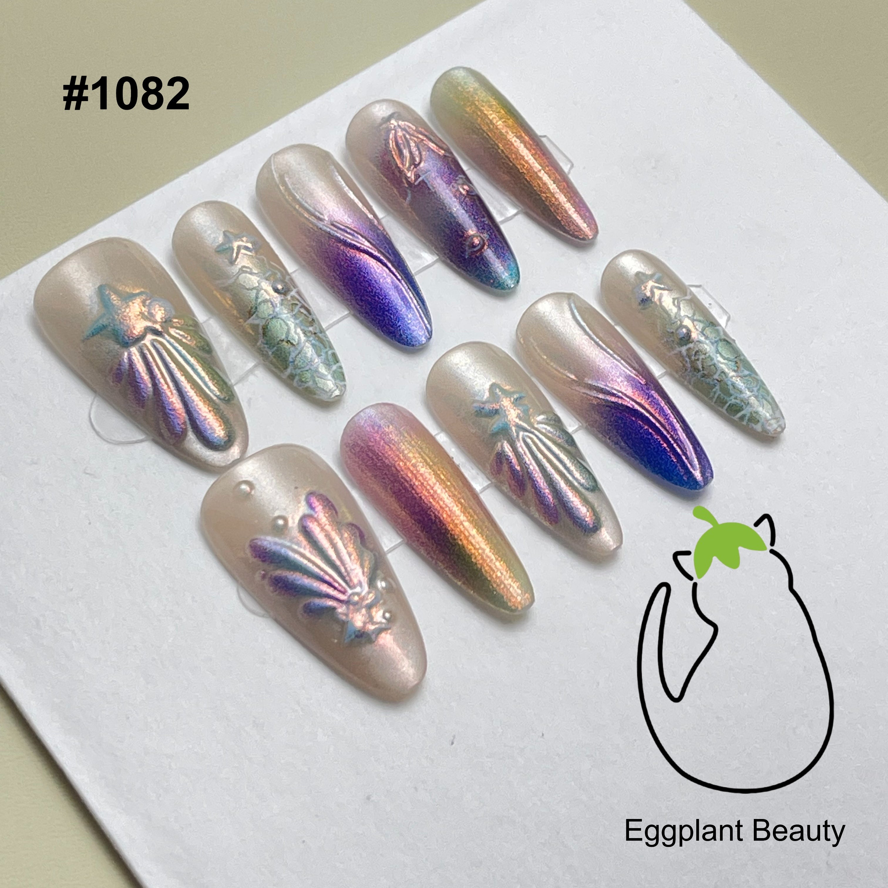 EPBeauty Mermaid Press On Nails Extra Long Almond - Ocean 3D Shell & Holographic Aurora