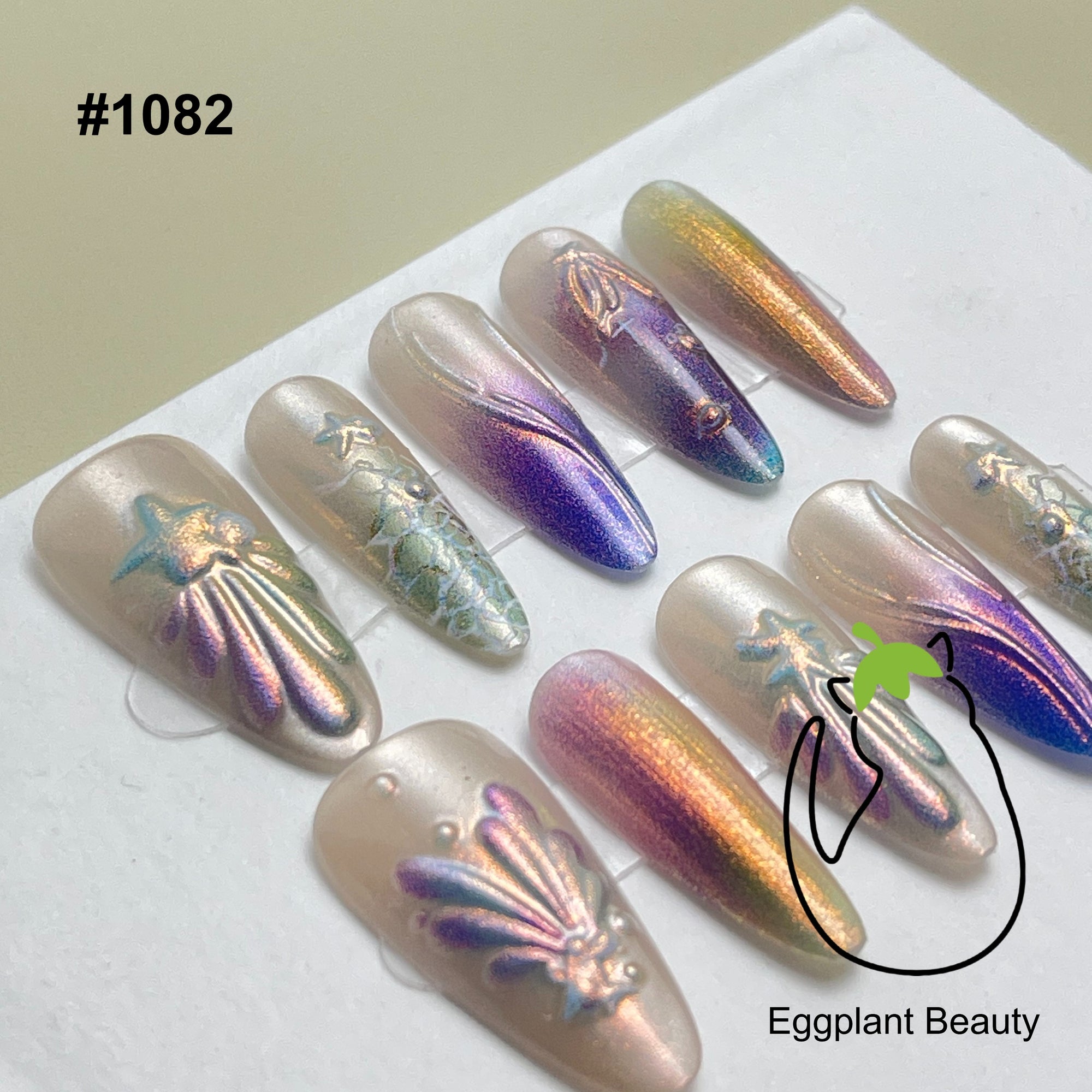EPBeauty Mermaid Press On Nails Extra Long Almond - Ocean 3D Shell & Holographic Aurora