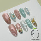 EPBeauty Tropical Almond Press On Nails - Ocean Breeze Design & Iridescent Seashells (10Pcs)