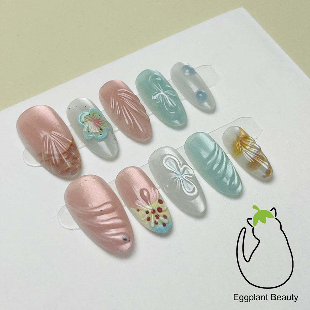EPBeauty Tropical Almond Press On Nails - Ocean Breeze Design & Iridescent Seashells (10Pcs)