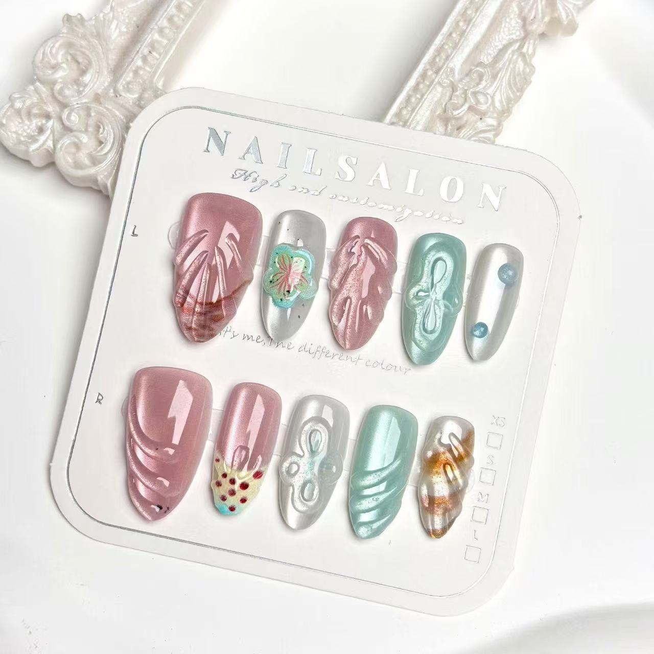 EPBeauty Tropical Almond Press On Nails - Ocean Breeze Design & Iridescent Seashells (10Pcs)