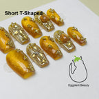 EPBeauty Velvet Season Press On Nails - Luxury Amber Cat Eye & French Gold Tips (10Pcs)