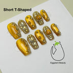 EPBeauty Velvet Season Press On Nails - Luxury Amber Cat Eye & French Gold Tips (10Pcs)