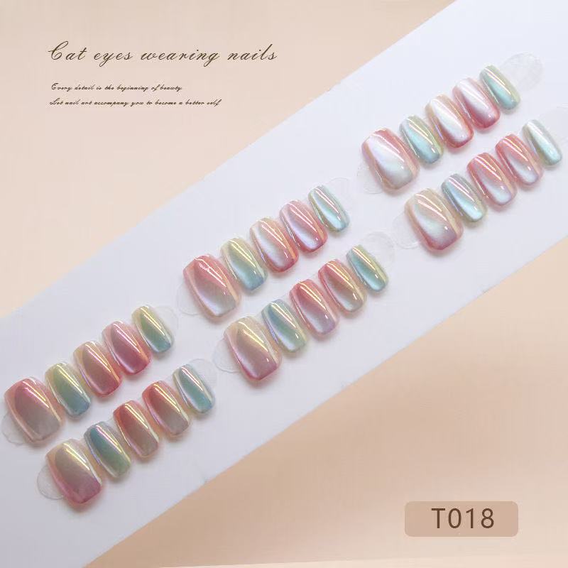 EPBeauty Candy Glow Short T-Shaped Press On Nails  - Iridescent Cat Eye & Color Shift Ombré (10Pcs)