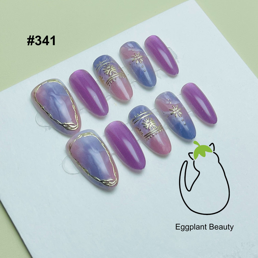 EPBeauty Silk Road Medium Press On Nails - Celestial Marble Cat Eye & Gilded Cloud Designs (10Pcs)