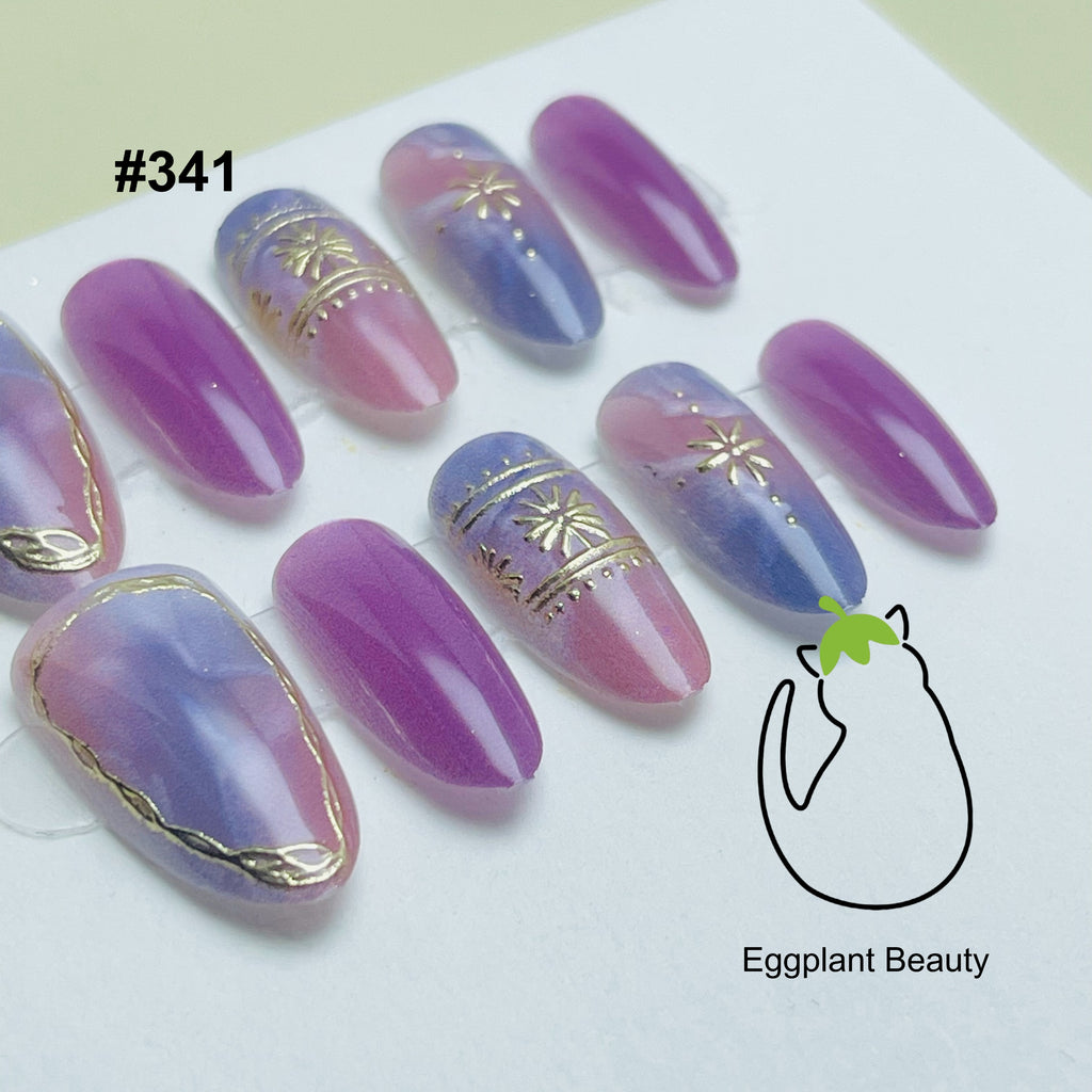 EPBeauty Silk Road Medium Press On Nails - Celestial Marble Cat Eye & Gilded Cloud Designs (10Pcs)