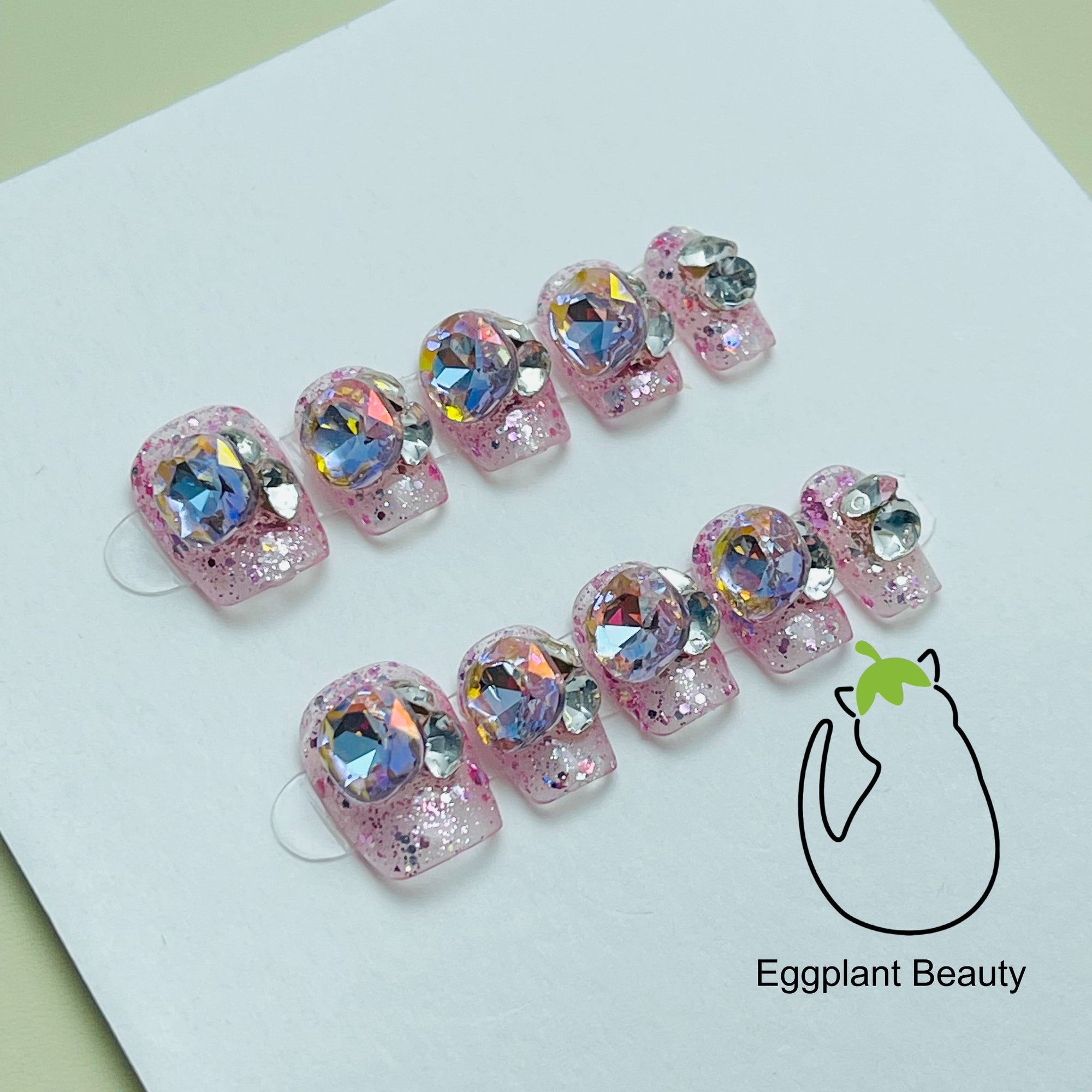 EPBeauty Handcrafted Short T-Shaped Press On Nails - Sparkling Rose Gold Pink Glitter, Full-Covered Diamond Design (10Pcs)