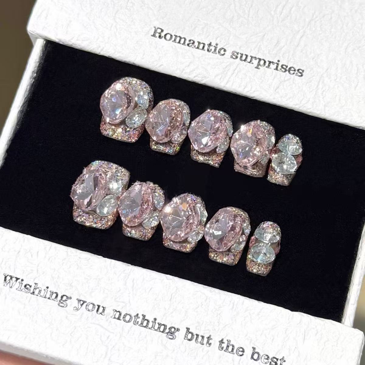 EPBeauty Handcrafted Short T-Shaped Press On Nails - Sparkling Rose Gold Pink Glitter, Full-Covered Diamond Design (10Pcs)