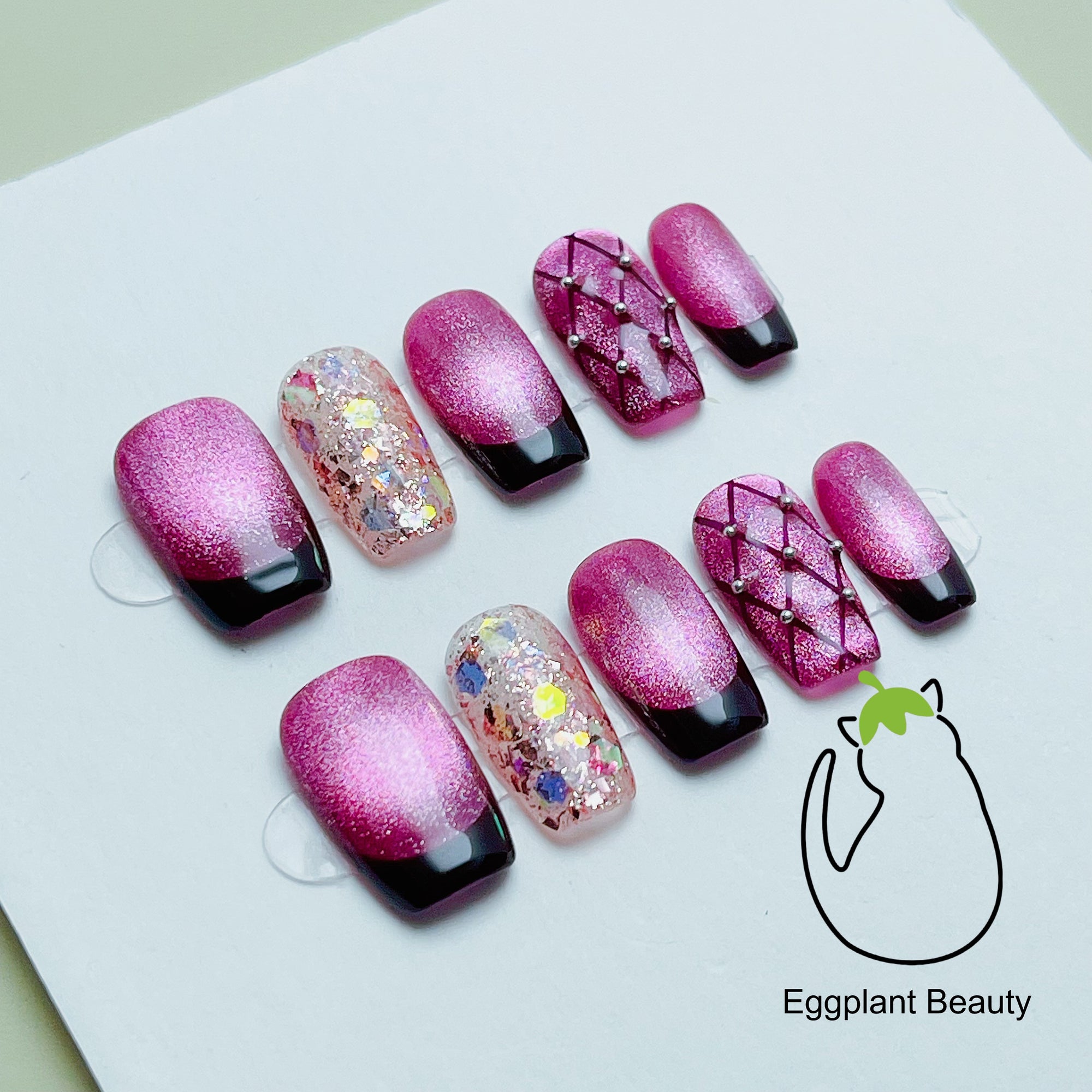 EPBeauty Luxury Handmade Press On Nails - Raspberry Wine Cat Eye French Tips, Soft Glam Delicate Sexy Style (10Pcs)