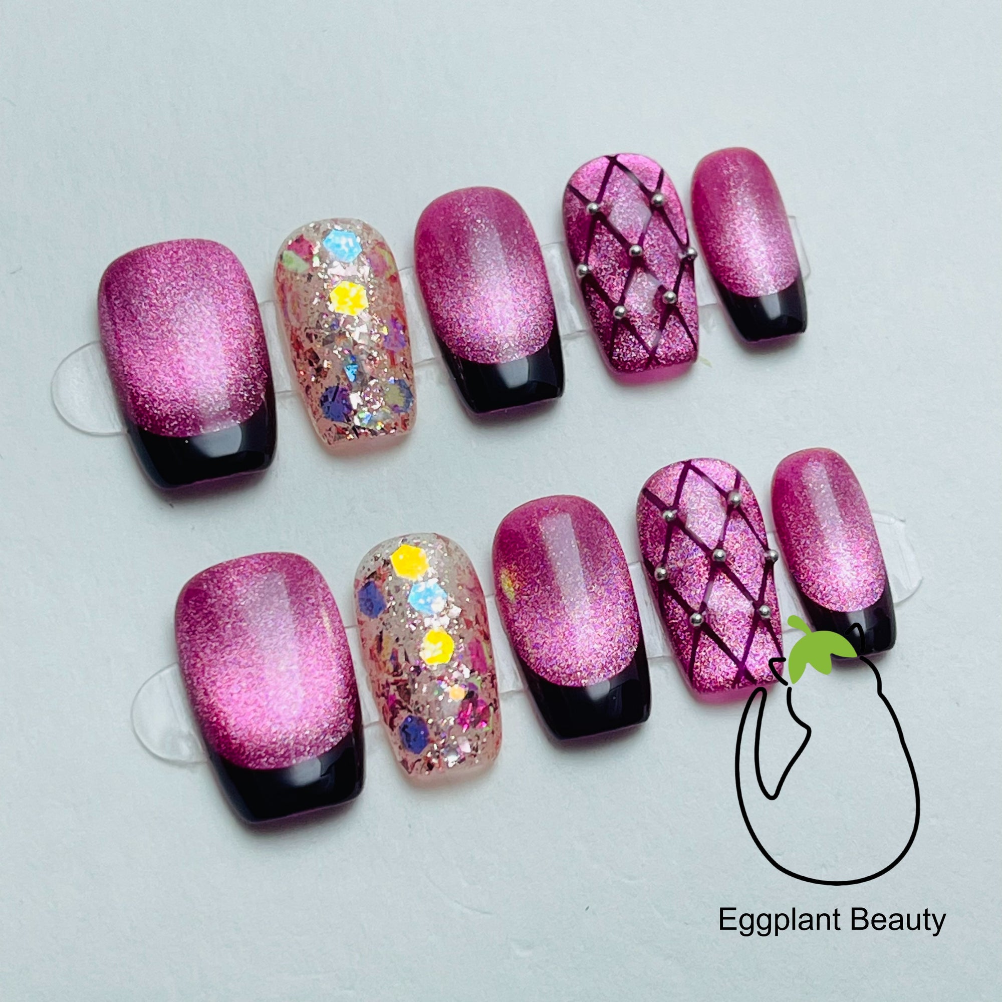 EPBeauty Luxury Handmade Press On Nails - Raspberry Wine Cat Eye French Tips, Soft Glam Delicate Sexy Style (10Pcs)