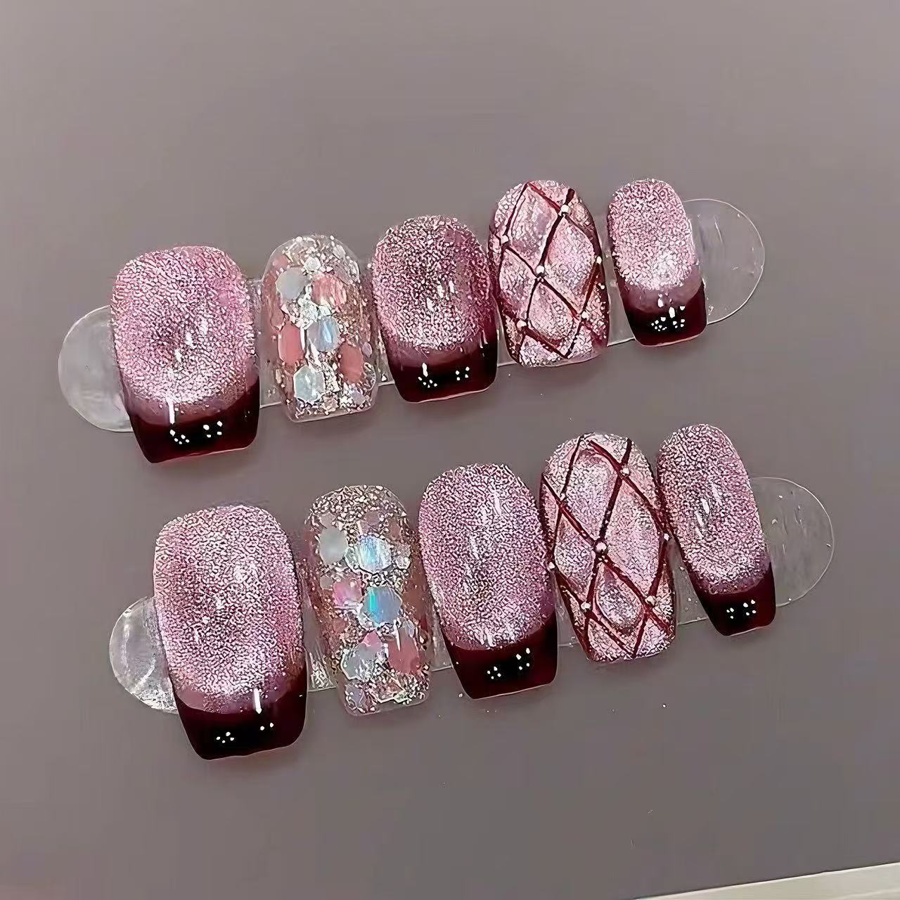 EPBeauty Luxury Handmade Press On Nails - Raspberry Wine Cat Eye French Tips, Soft Glam Delicate Sexy Style (10Pcs)