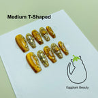 EPBeauty Velvet Season Press On Nails - Luxury Amber Cat Eye & French Gold Tips (10Pcs)