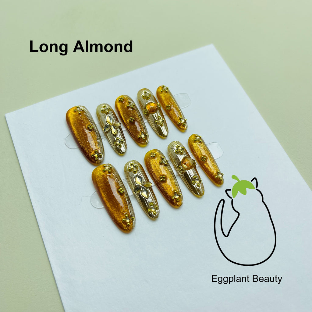EPBeauty Velvet Season Press On Nails - Luxury Amber Cat Eye & French Gold Tips (10Pcs)