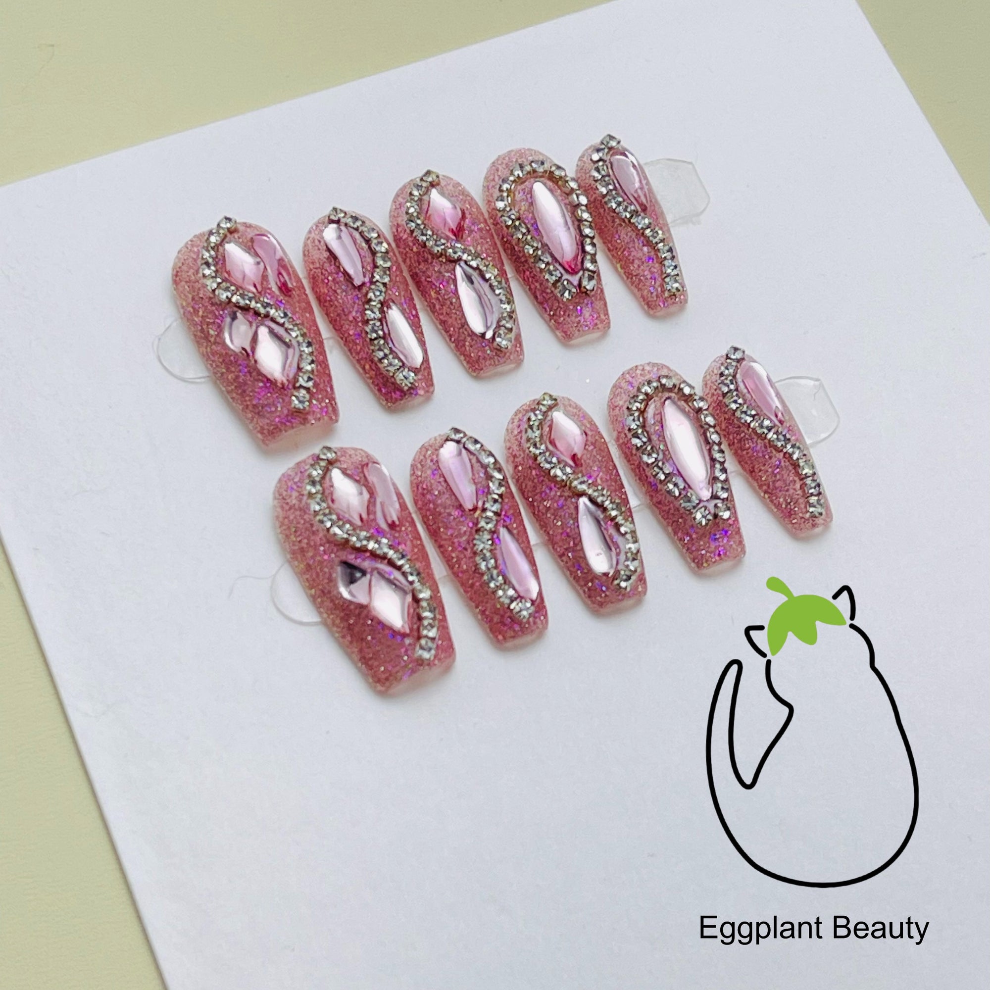 EPBeauty Barbiecore Press On Nails - Fully Bedded Crystals & Holographic Flash (10Pcs)