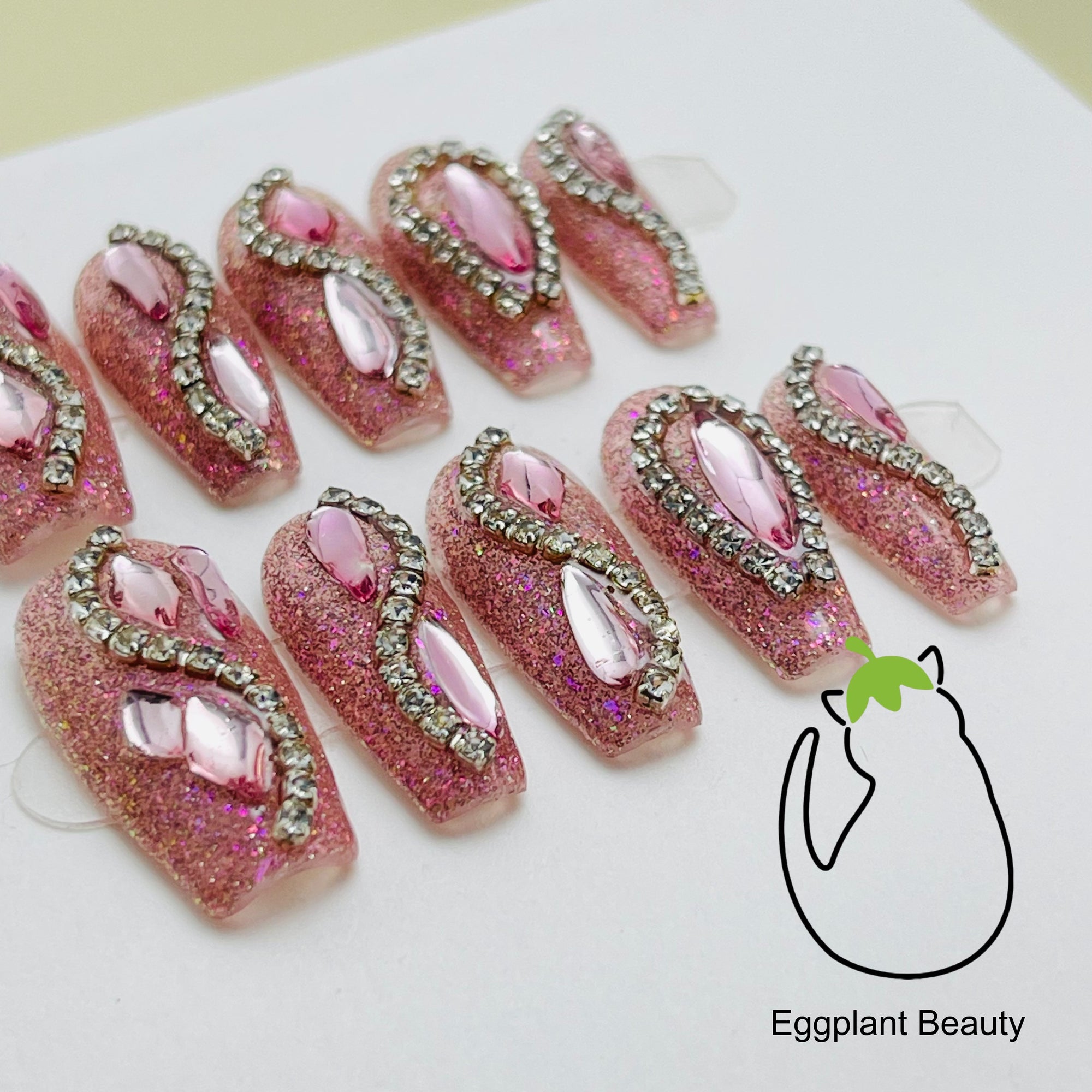 EPBeauty Barbiecore Press On Nails - Fully Bedded Crystals & Holographic Flash (10Pcs)