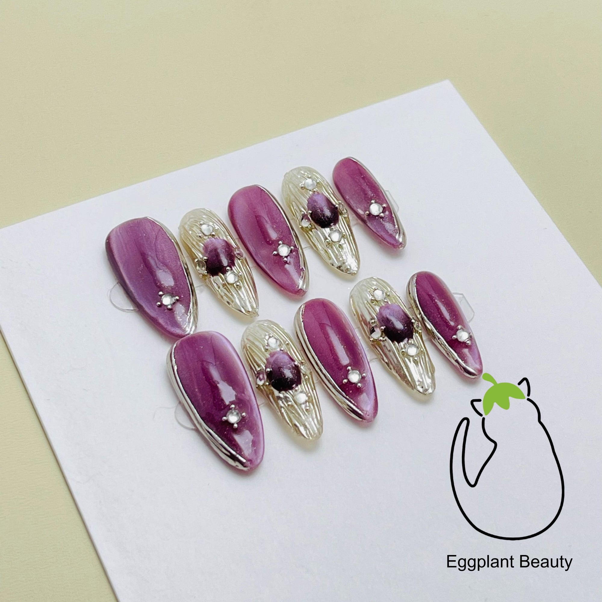EPBeauty Buccellati-Inspired Press On Nails - Regal Grape Cat Eye & Silk Luster Finish (10Pcs)