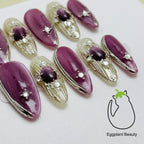 EPBeauty Buccellati-Inspired Press On Nails - Regal Grape Cat Eye & Silk Luster Finish (10Pcs)