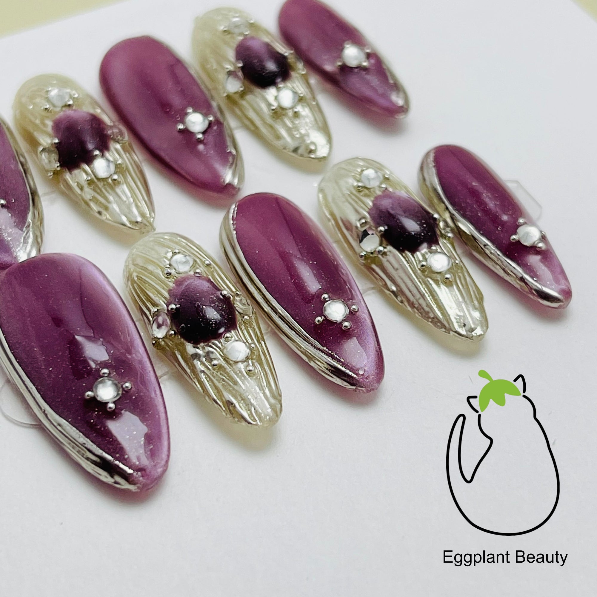 EPBeauty Buccellati-Inspired Press On Nails - Regal Grape Cat Eye & Silk Luster Finish (10Pcs)
