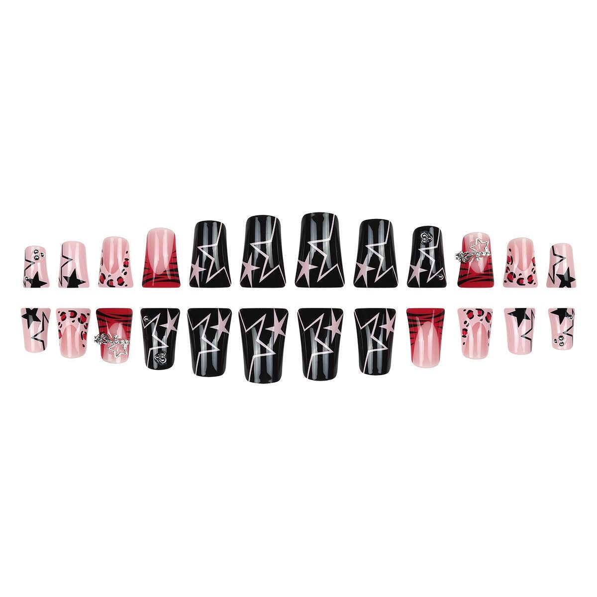 EPBeauty Lip Shape Press On Nails Medium Length - Leopard French Tips & Star Cutouts (24Pcs)