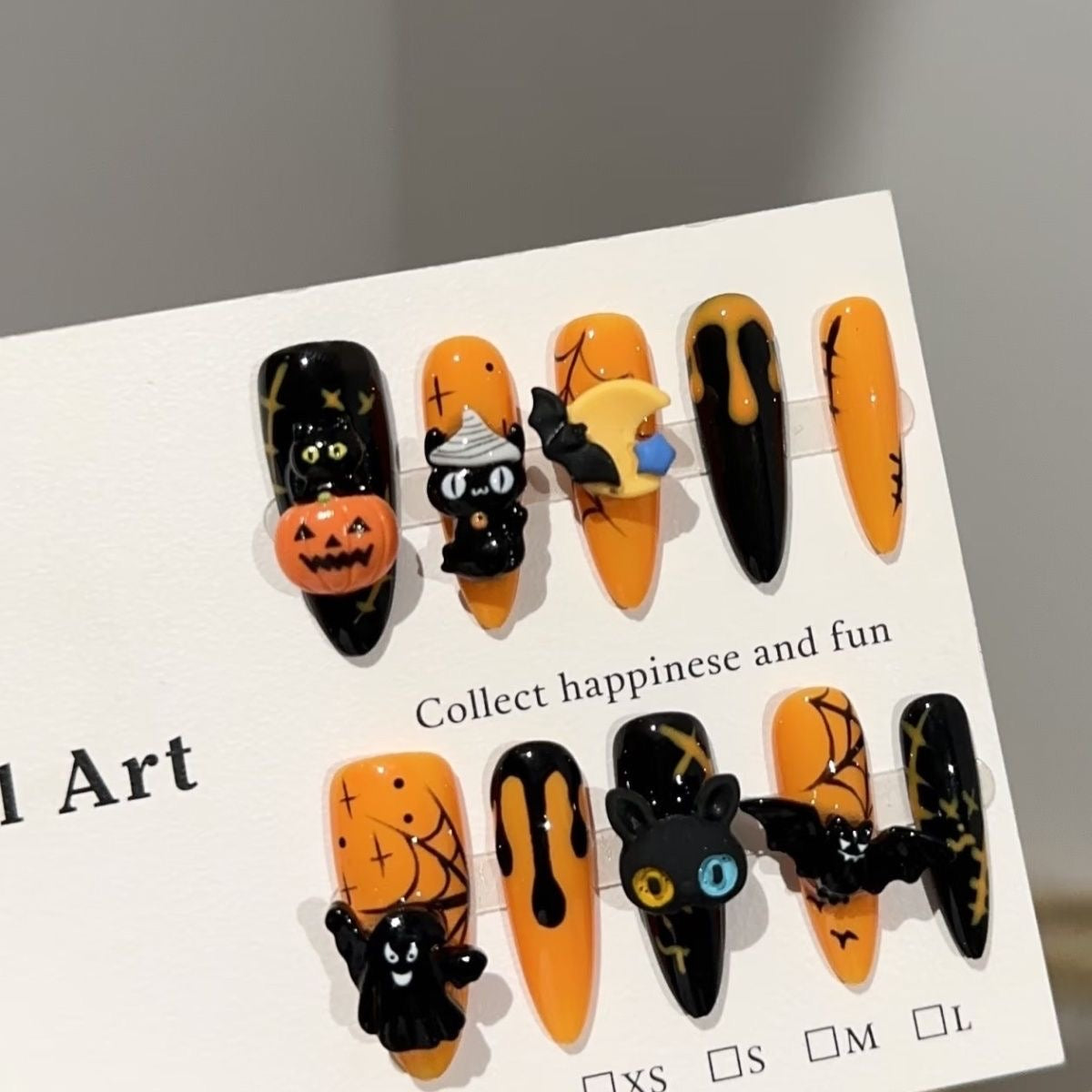 Midnight Prowl Press On Nails - Halloween Kitty, Bats & Glowing Pumpkins in Yellow & Black (10Pcs)