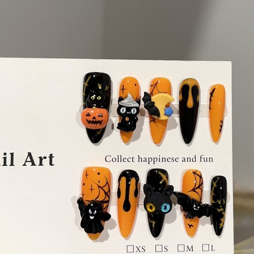 Midnight Prowl Press On Nails - Halloween Kitty, Bats & Glowing Pumpkins in Yellow & Black (10Pcs)