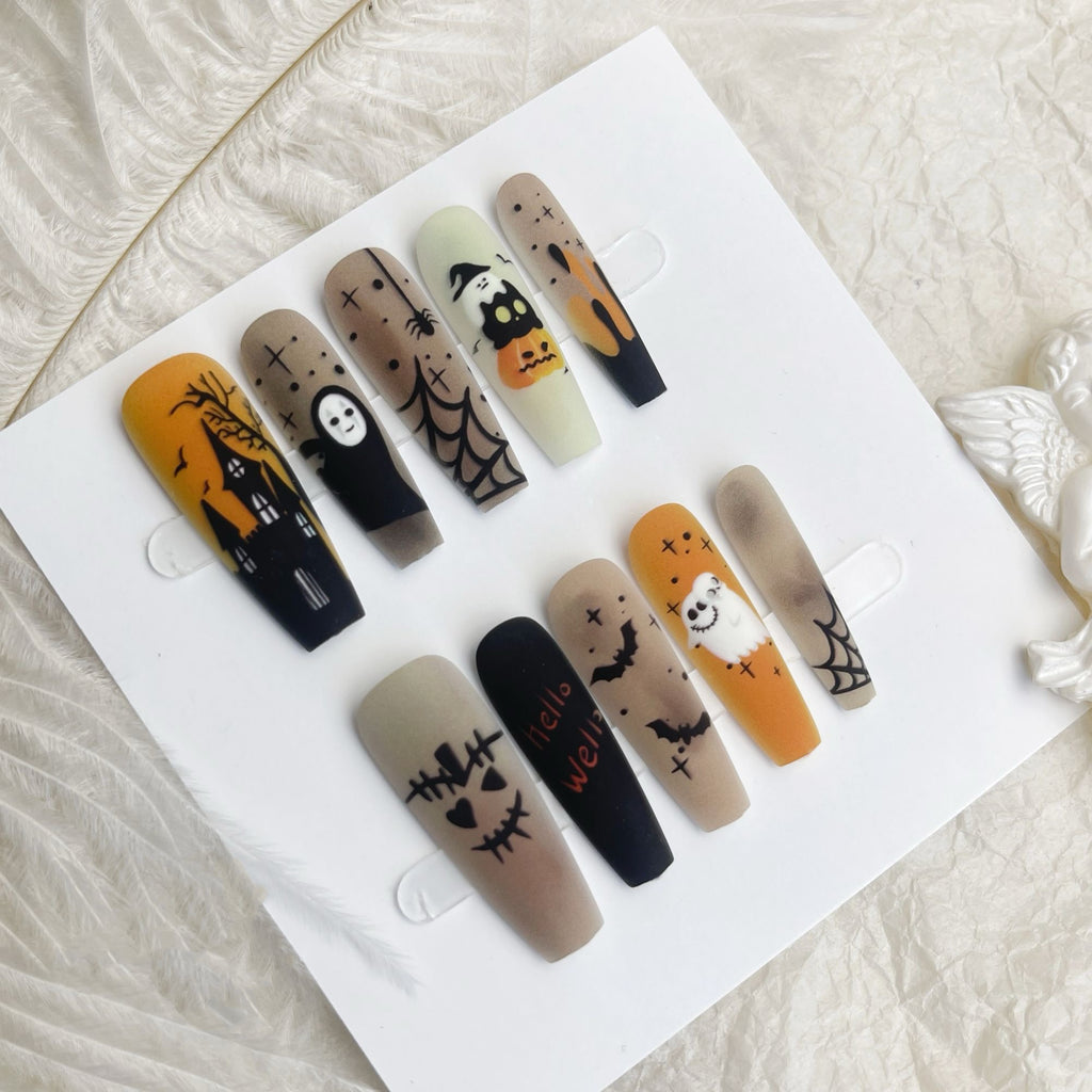 Matte Halloween Press On Nails - Hyperprint Ghosts & Bats Design (10Pcs)