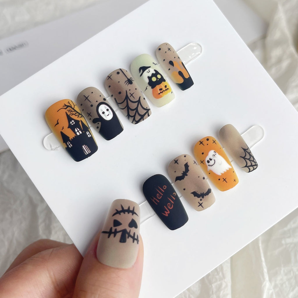 Matte Halloween Press On Nails - Hyperprint Ghosts & Bats Design (10Pcs)