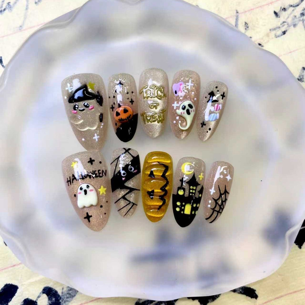 Candy Spell Press On Nails - Magnetic Magic & 'Trick or Treat' Glow for Halloween (10Pcs)