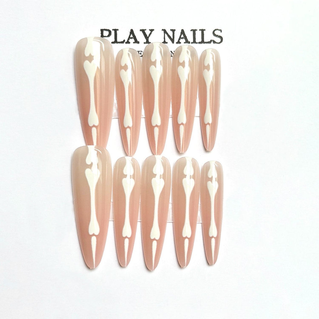 Frosted Relic Press On Nails - Skeletal Fingers Under a Dusting of Pink Snow (10Pcs)
