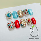 Bohemian Press On Nails - Hand-Painted Ethnic Patterns & Genuine Crystal Inlays (10Pcs)